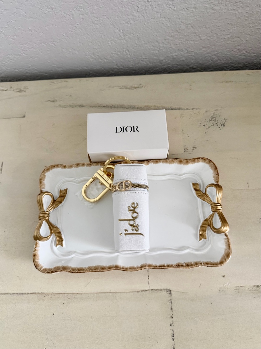 Dior White Leather Key Holder with Gold Hardware Lipstick Case